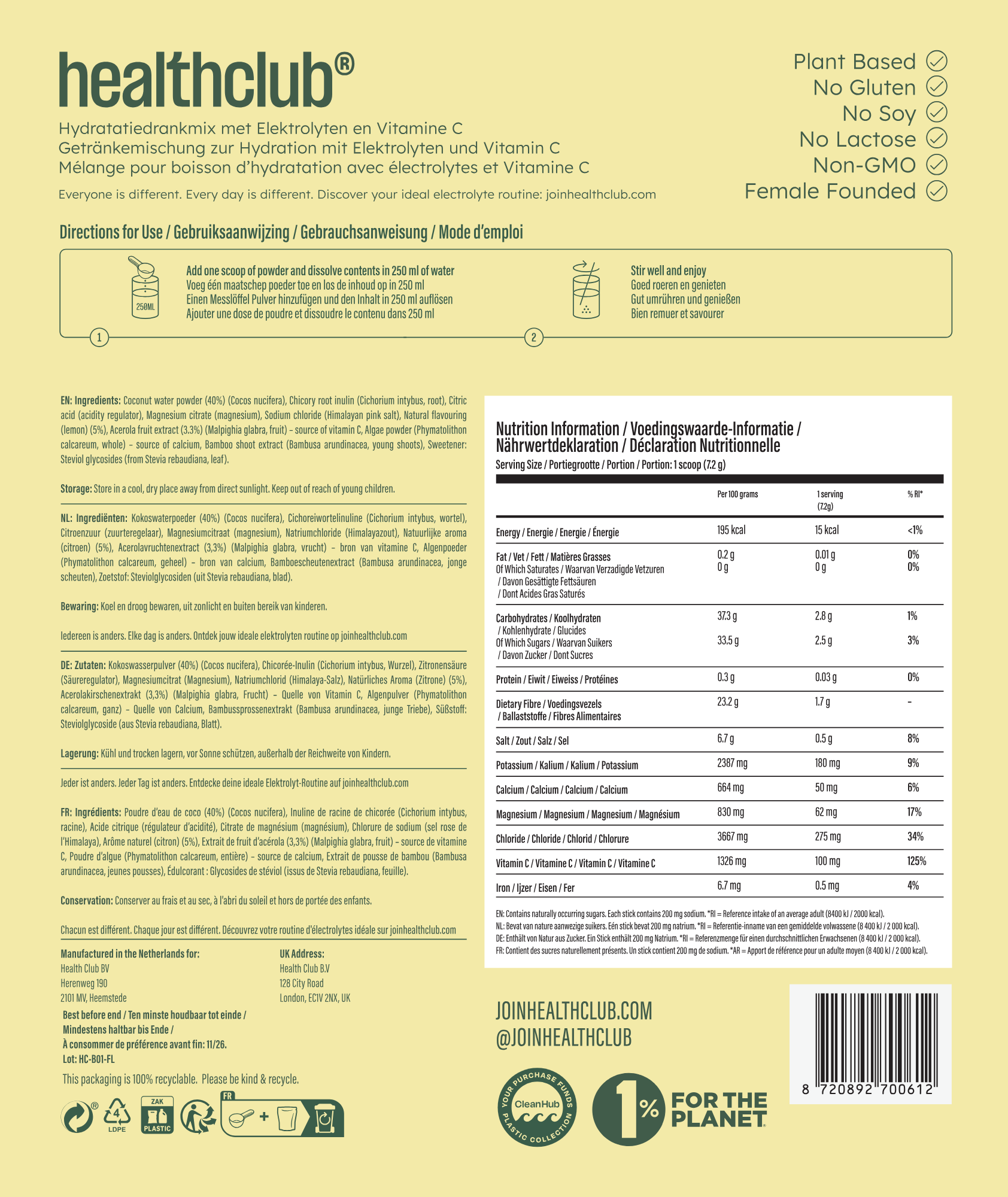 Healthclub Natural Electrolytes Powder (50 servings)